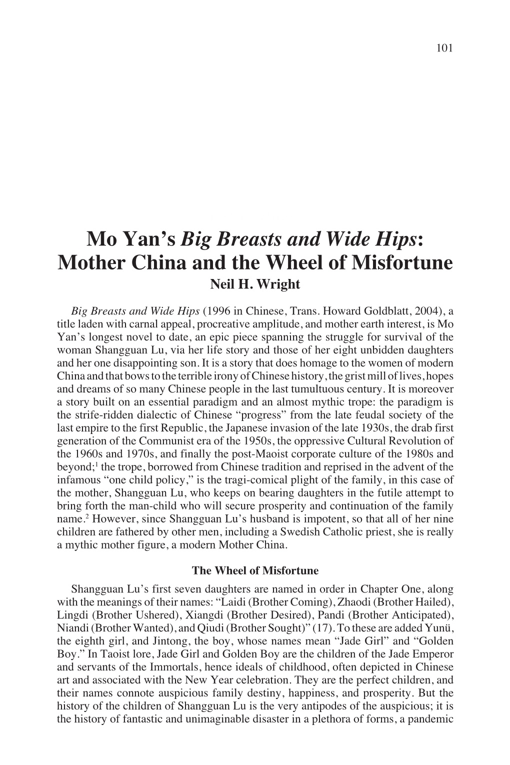 Mo Yan's Big Breasts and Wide Hips: Mother China and the Wheel Of