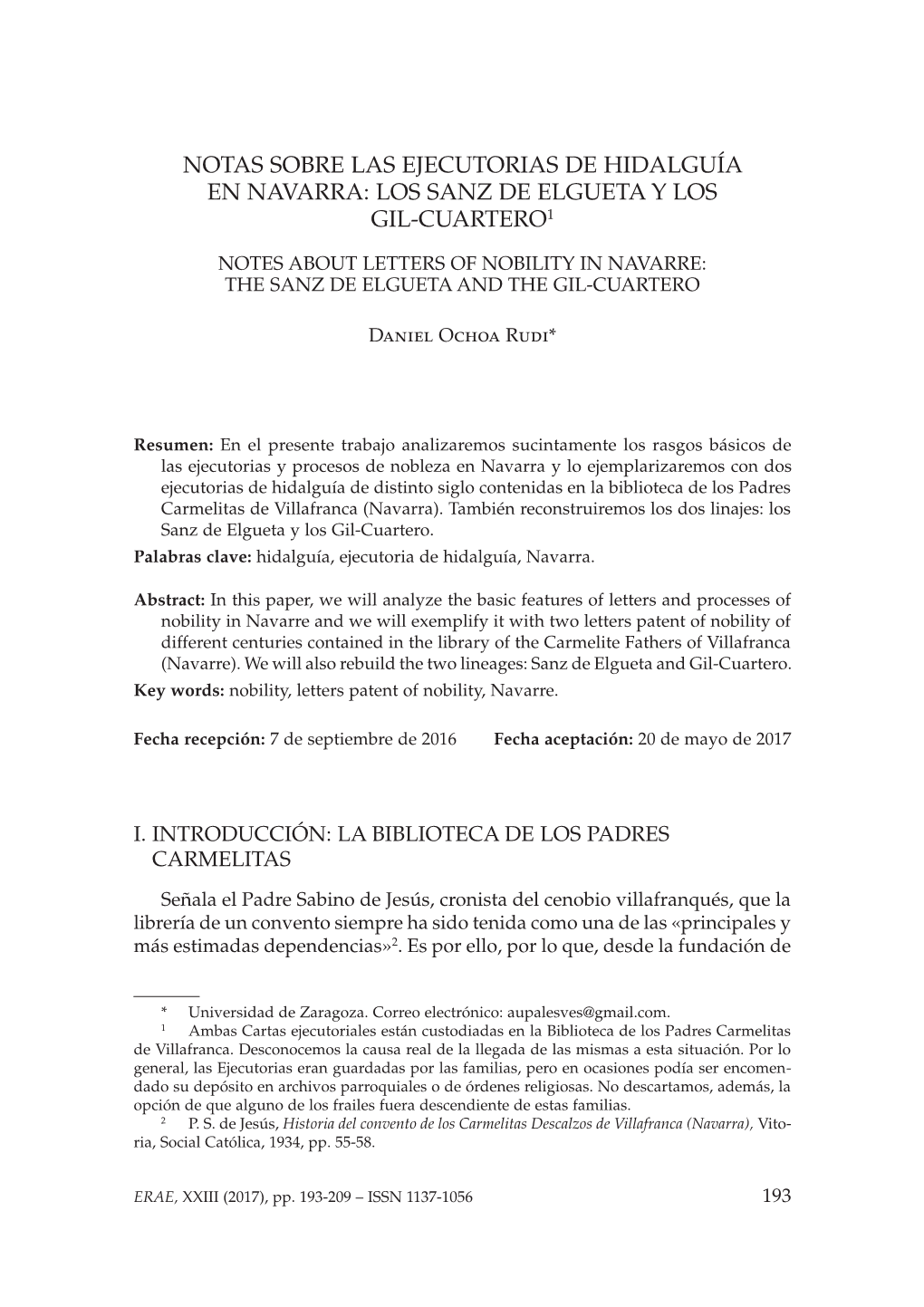 Notas Sobre Las Ejecutorias De Hidalguía En Navarra: Los Sanz De Elgueta Y Los Gil-Cuartero1