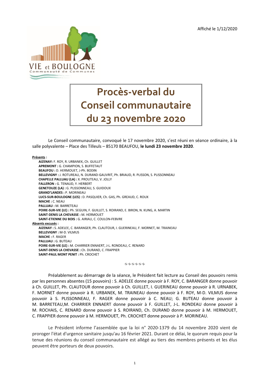 Procès-Verbal Du Conseil Communautaire Du 23 Novembre 2020