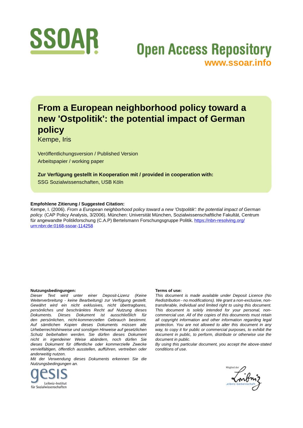 From a European Neighborhood Policy Toward a New 'Ostpolitik': the Potential Impact of German Policy Kempe, Iris