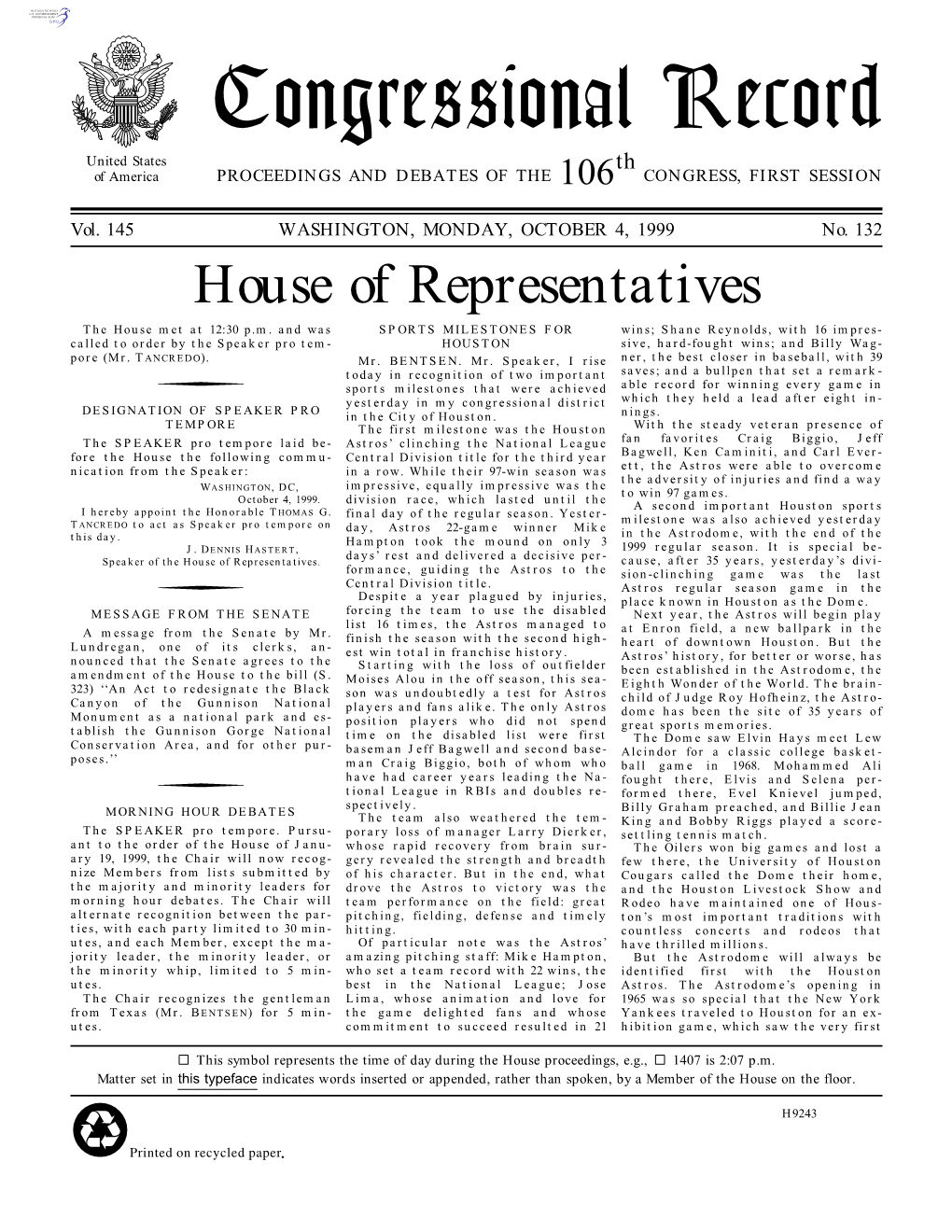 Congressional Record United States Th of America PROCEEDINGS and DEBATES of the 106 CONGRESS, FIRST SESSION