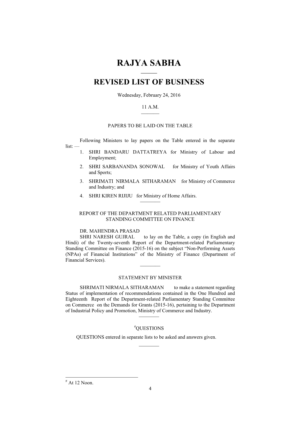 Rajya Sabha —— Revised List of Business