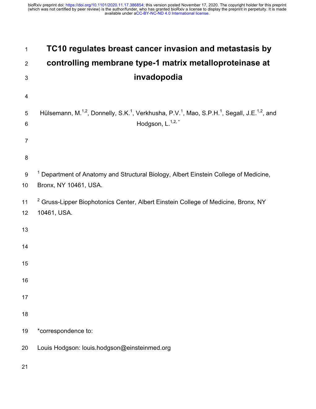 TC10 Regulates Breast Cancer Invasion and Metastasis by Controlling Membrane Type-1 Matrix Metalloproteinase at Invadopodia