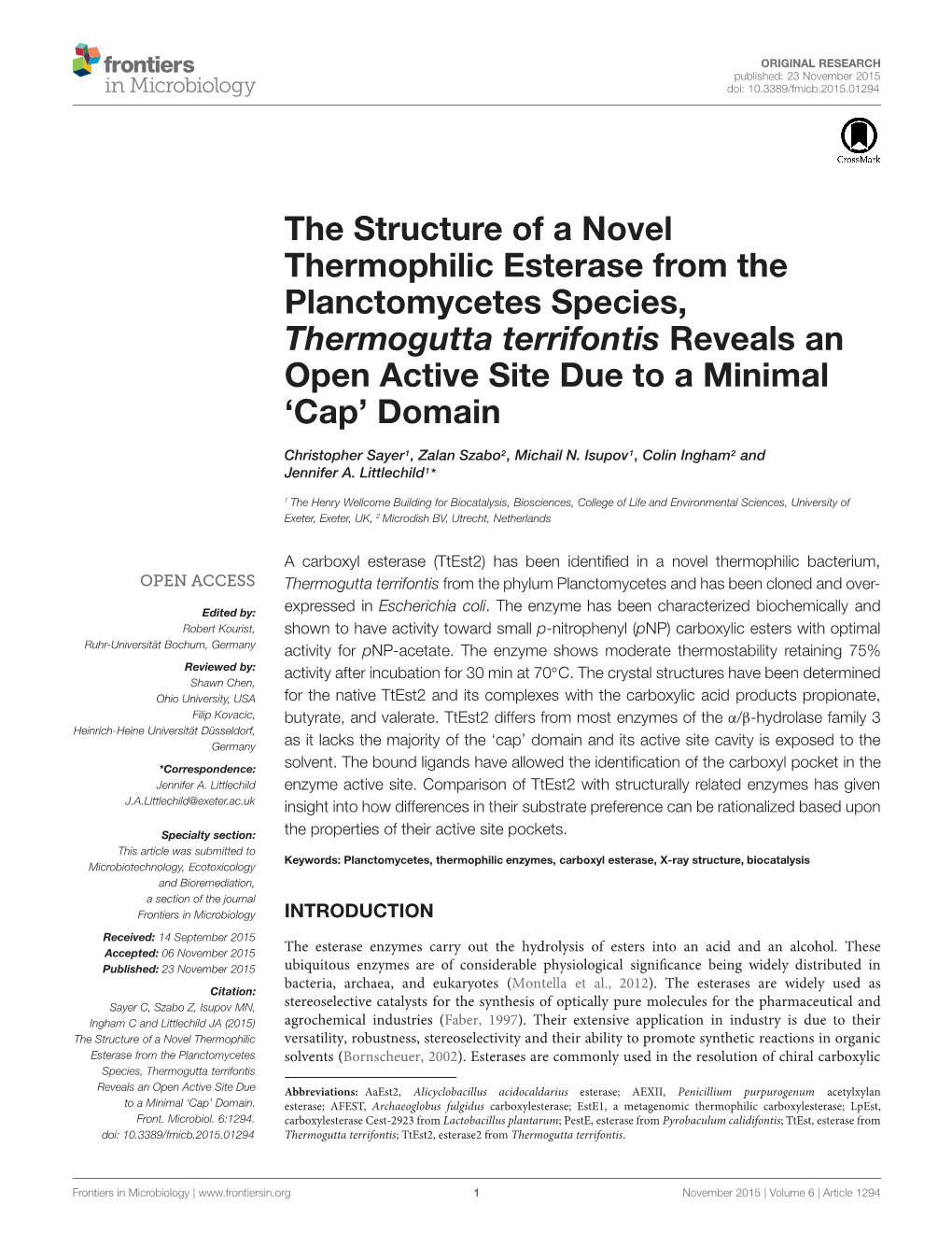 The Structure of a Novel Thermophilic Esterase from the Planctomycetes Species, Thermogutta Terrifontis Reveals an Open Active Site Due to a Minimal ‘Cap’ Domain