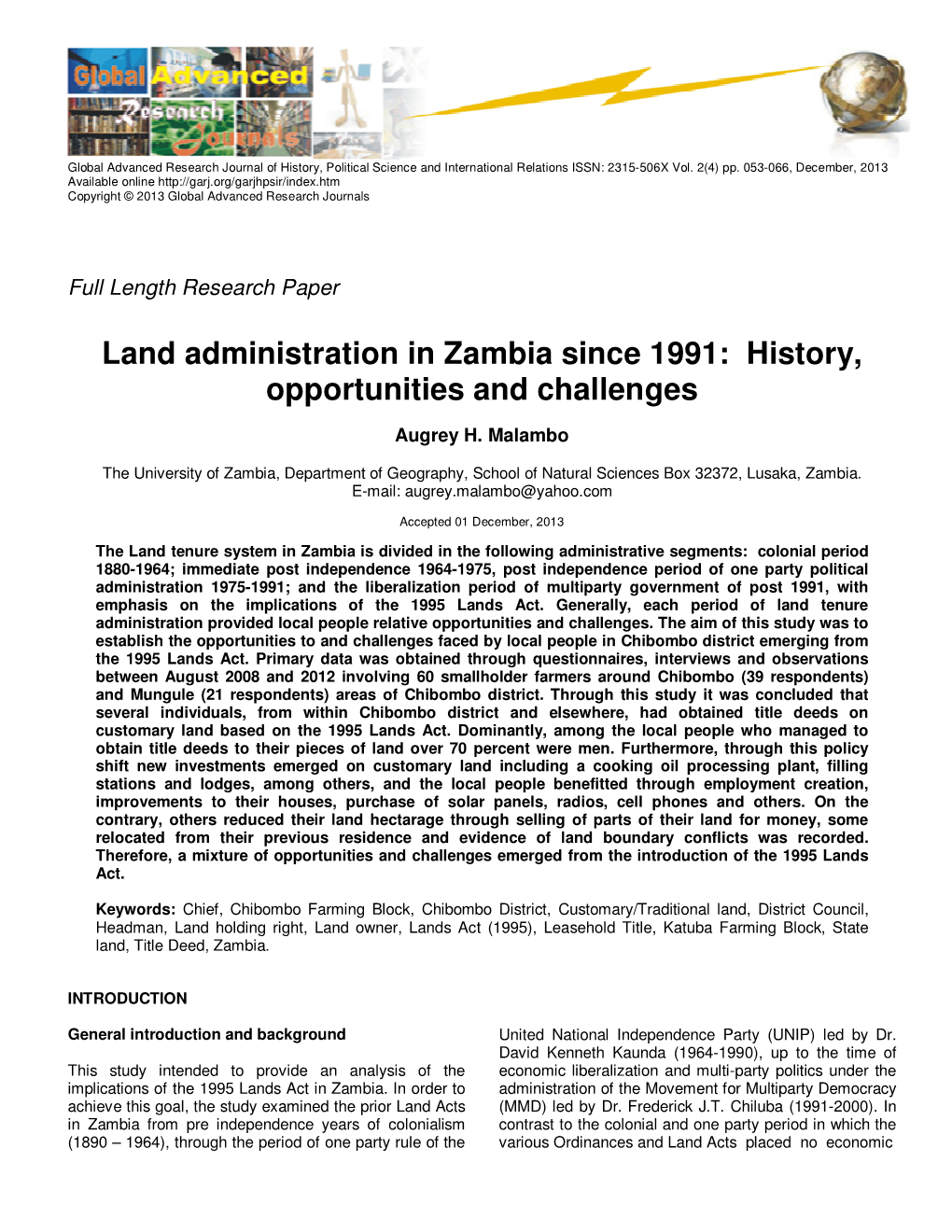 Land Administration in Zambia Since 1991: History, Opportunities and Challenges