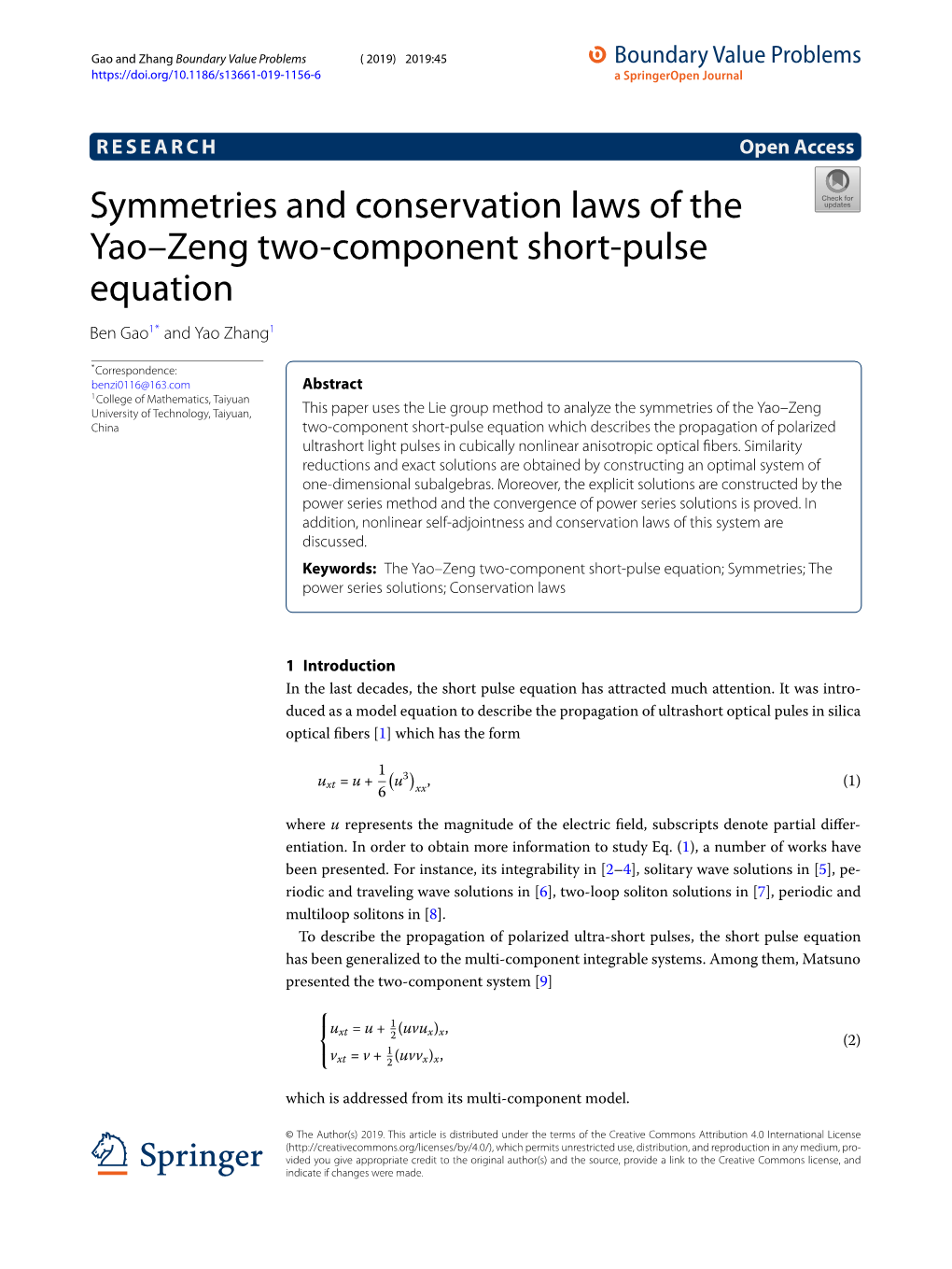 Symmetries and Conservation Laws of the Yao–Zeng Two-Component Short-Pulse Equation Ben Gao1* and Yao Zhang1