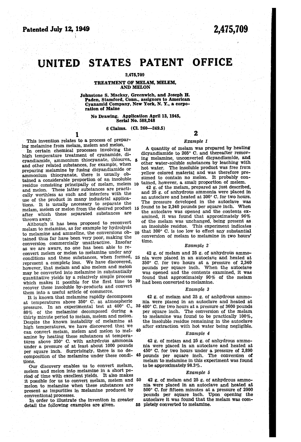 UNITED STATES PATENT of FICE TREATMENT of MELAM, MELEM, and MELON Johnstone S