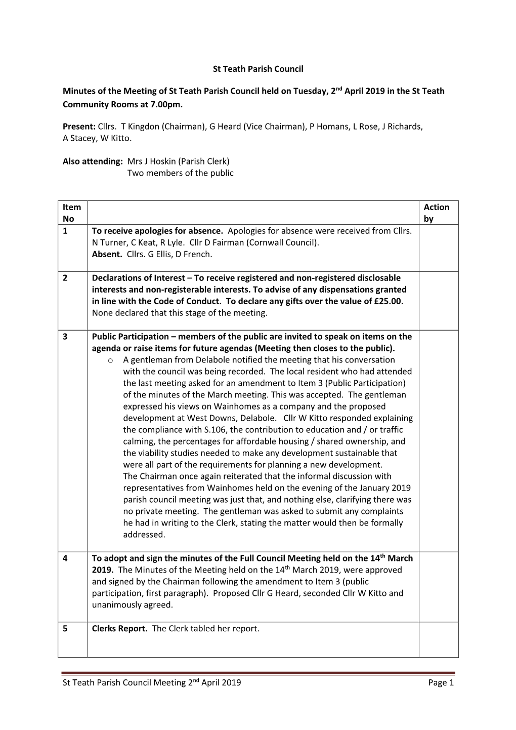 St Teath Parish Council Meeting 2Nd April 2019 Page 1 St Teath Parish