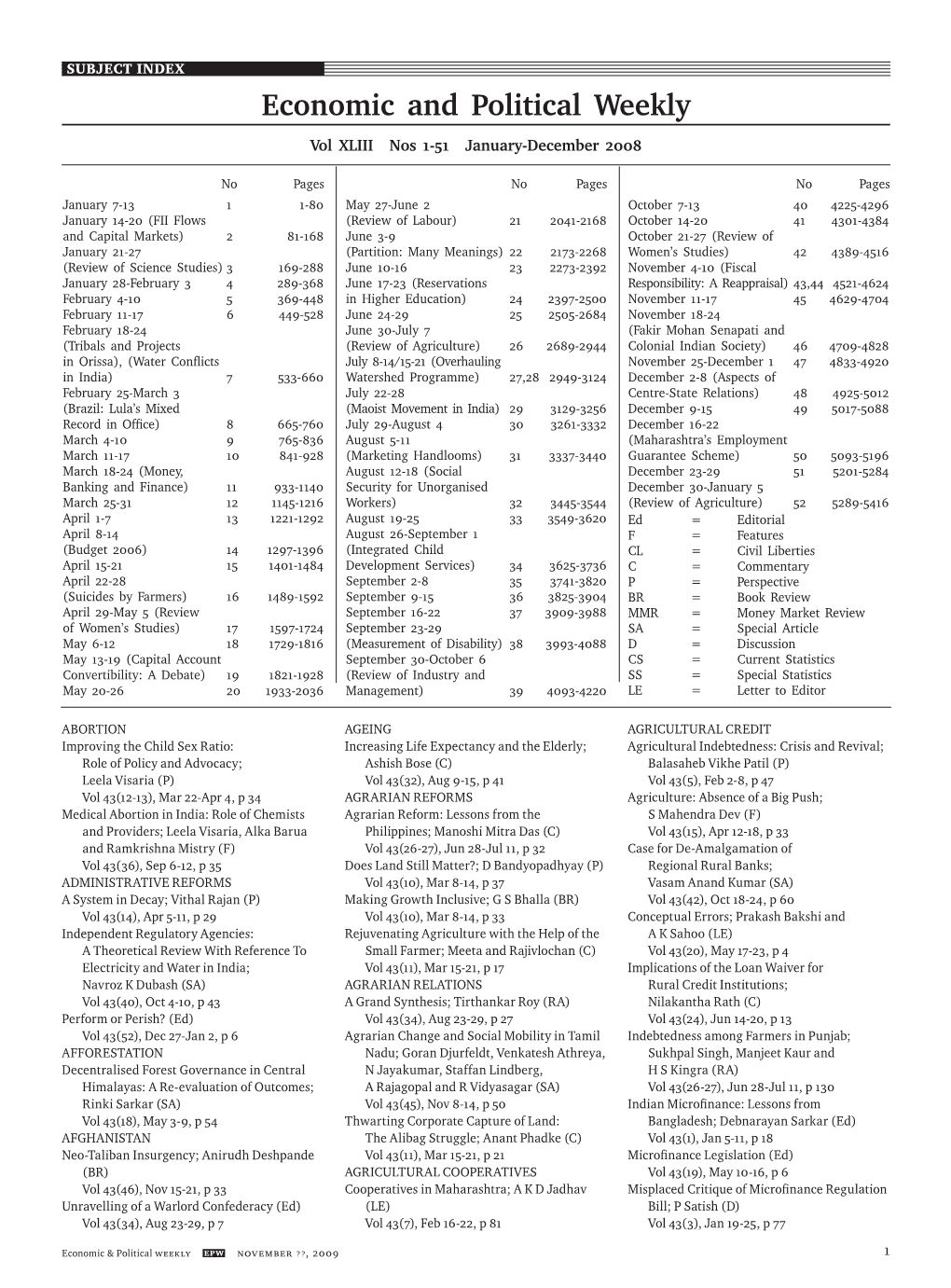 SUBJECT INDEX Economic and Political Weekly Vol XLIII Nos 1-51 January-December 2008