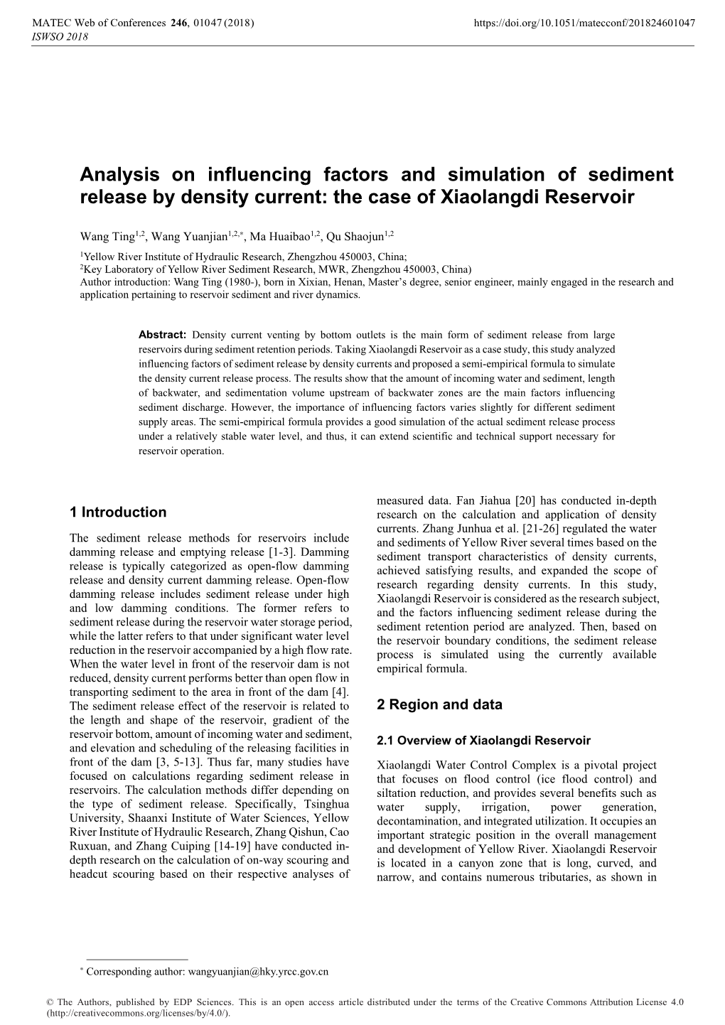 Analysis on Influencing Factors and Simulation of Sediment Release by Density Current: the Case of Xiaolangdi Reservoir