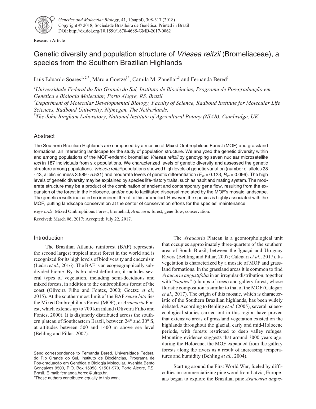 Genetic Diversity and Population Structure of Vriesea Reitzii (Bromeliaceae), a Species from the Southern Brazilian Highlands