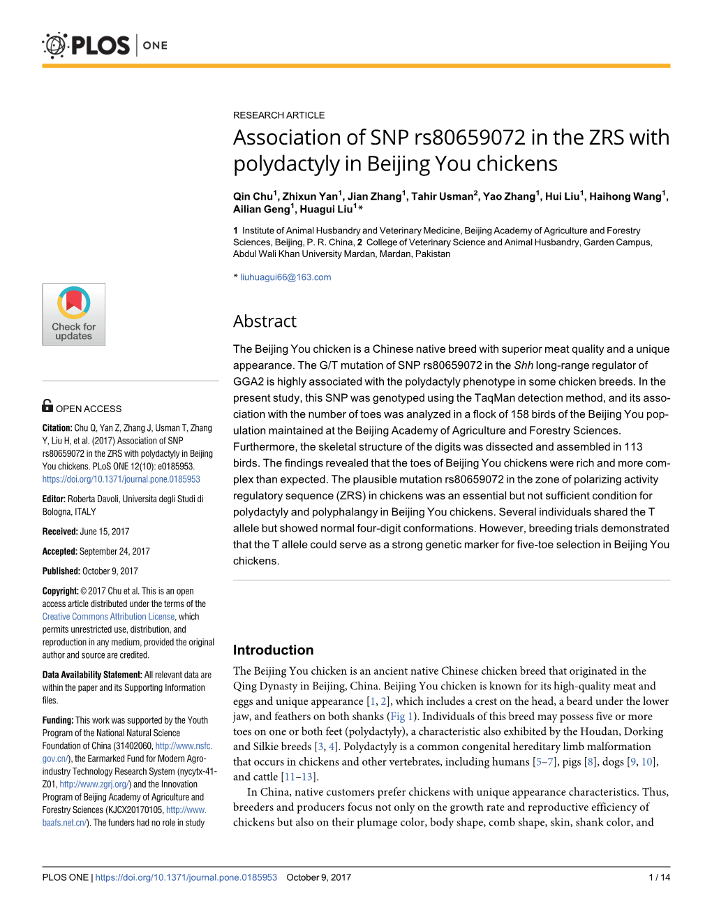 Association of SNP Rs80659072 in the ZRS with Polydactyly in Beijing You Chickens