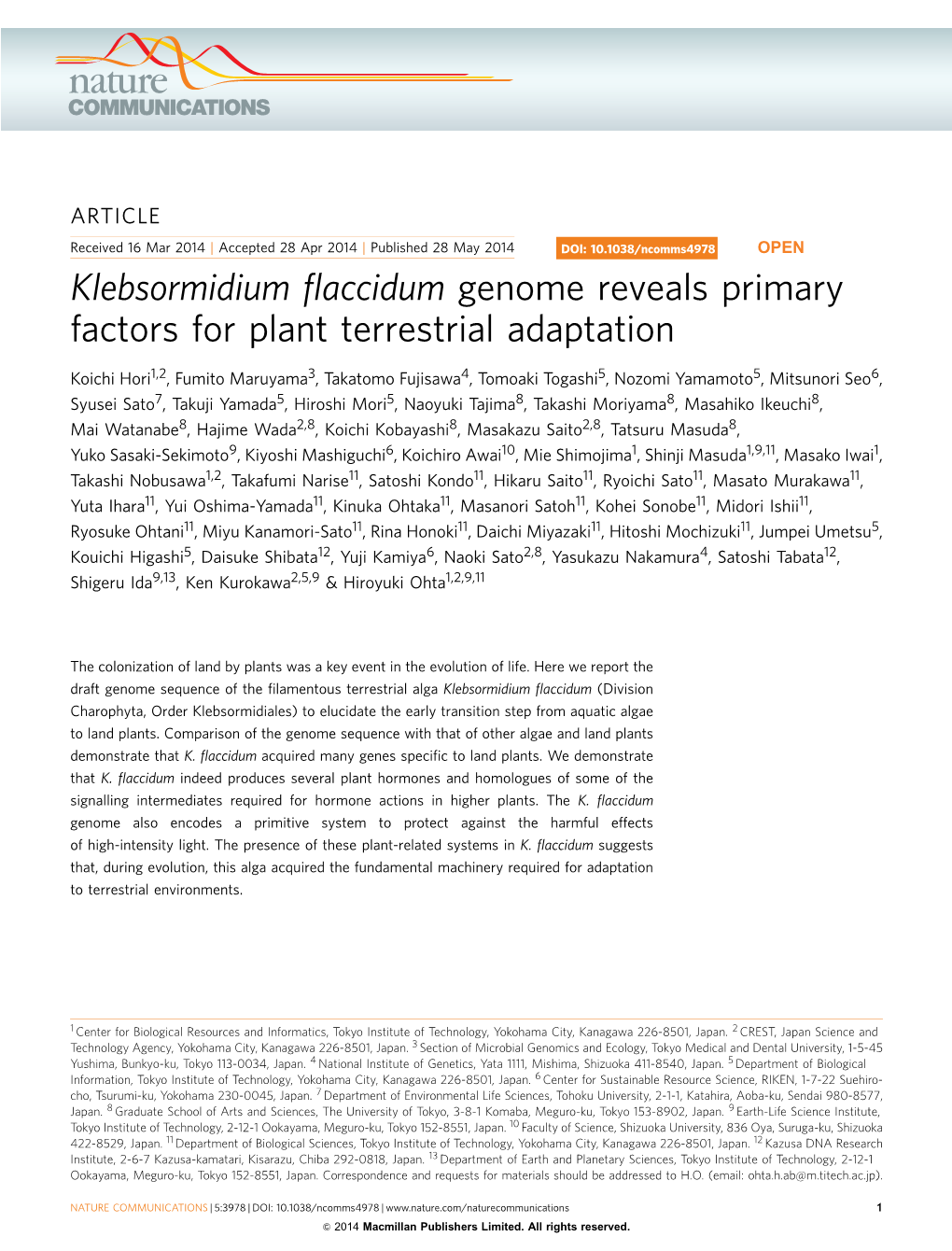 Klebsormidium Flaccidum Genome Reveals Primary Factors for Plant