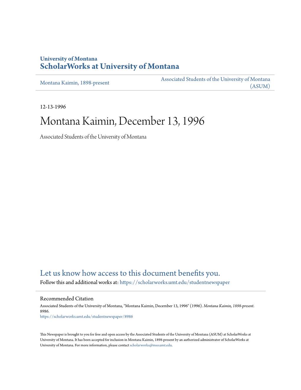 Montana Kaimin, December 13, 1996 Associated Students of the University of Montana