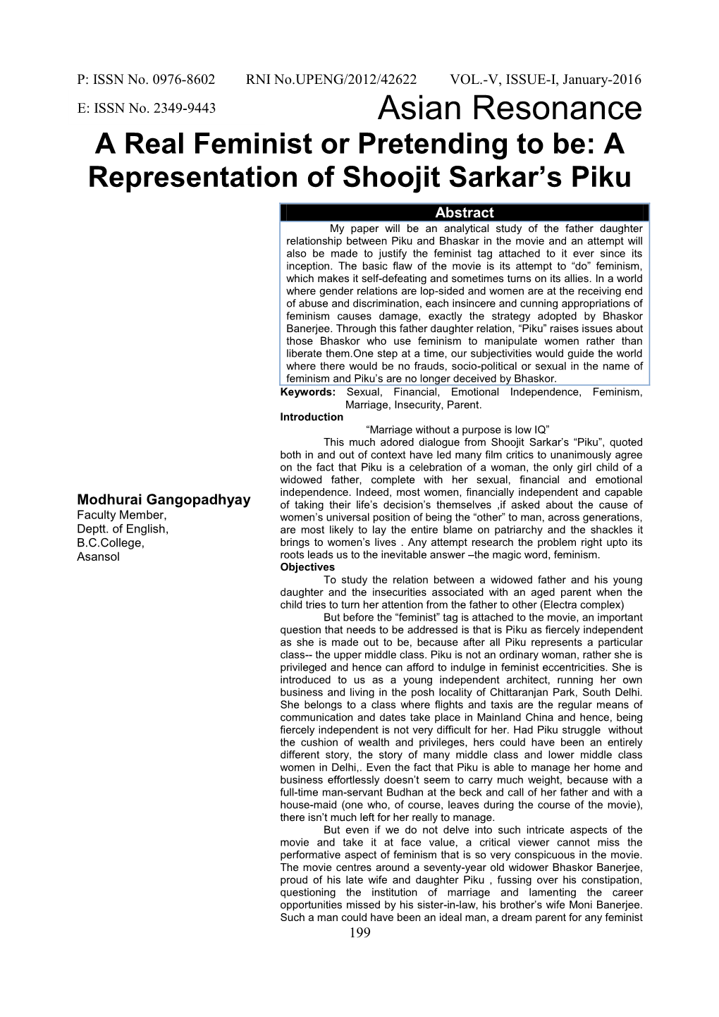 A Representation of Shoojit Sarkarâ€™S Piku Modhurai Gangopadhyay