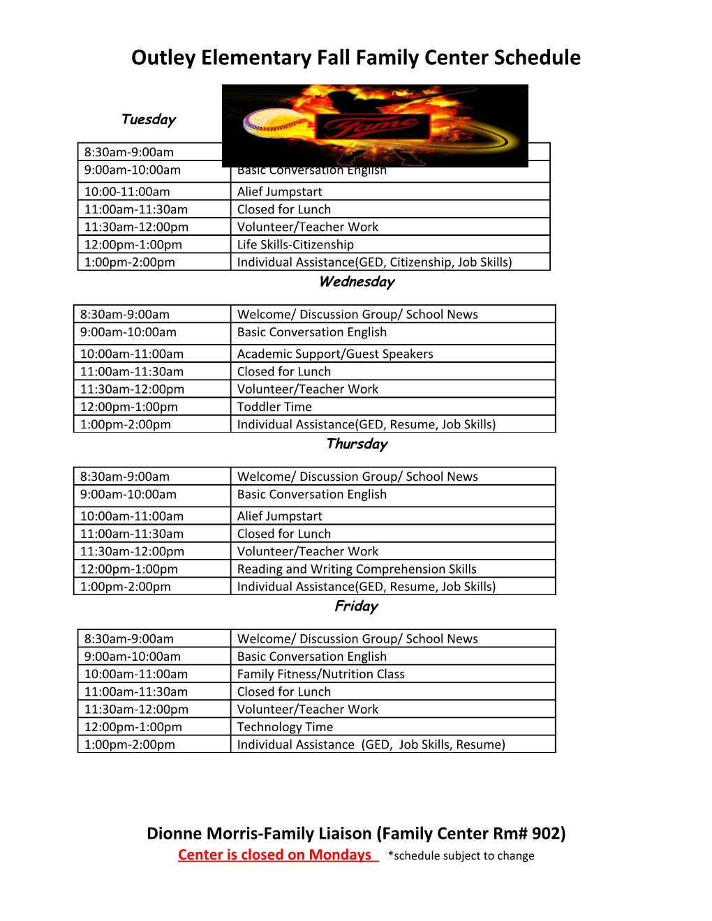 Outley Elementary Fall Family Center Schedule