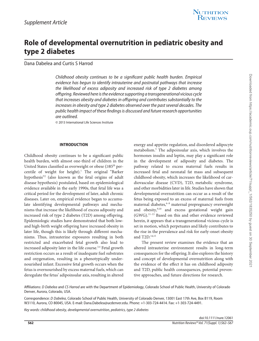 Role of Developmental Overnutrition in Pediatric Obesity and Type 2 Diabetes