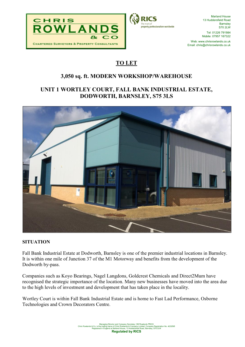 TO LET 3,050 Sq. Ft. MODERN WORKSHOP/WAREHOUSE UNIT 1