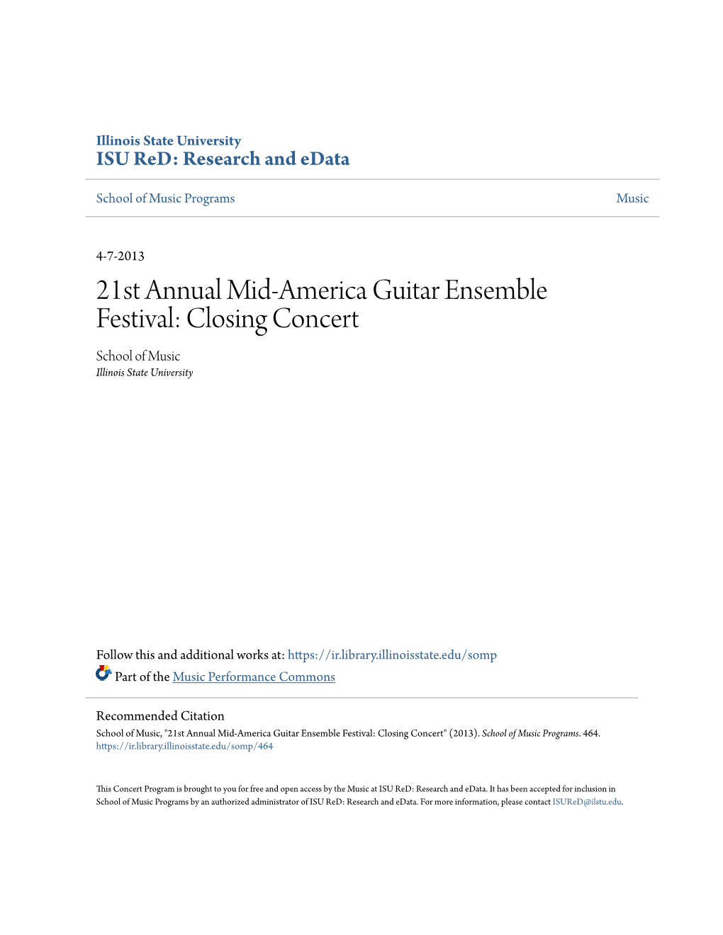 21St Annual Mid-America Guitar Ensemble Festival: Closing Concert School of Music Illinois State University