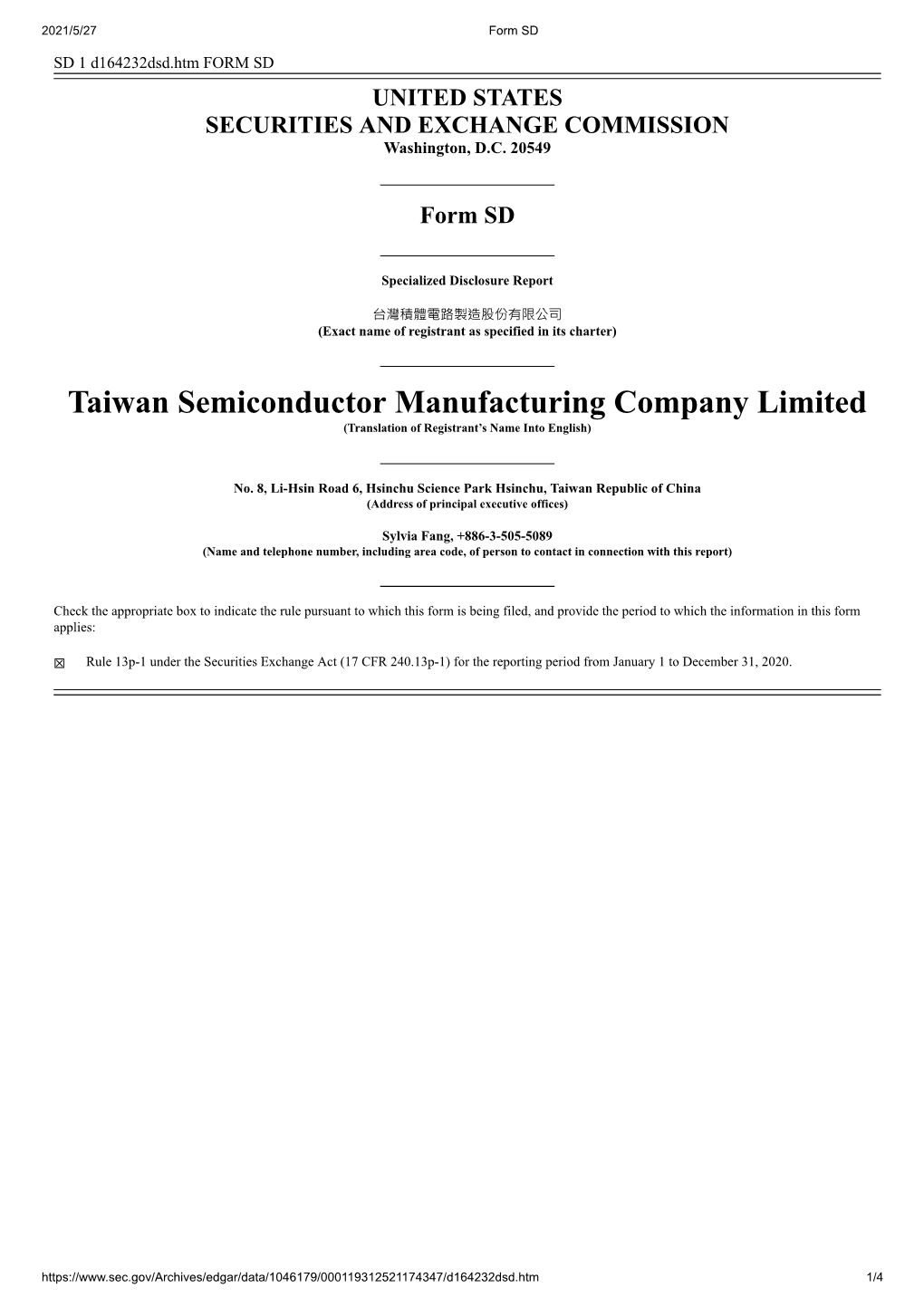 Taiwan Semiconductor Manufacturing Company Limited (Translation of Registrant’S Name Into English)