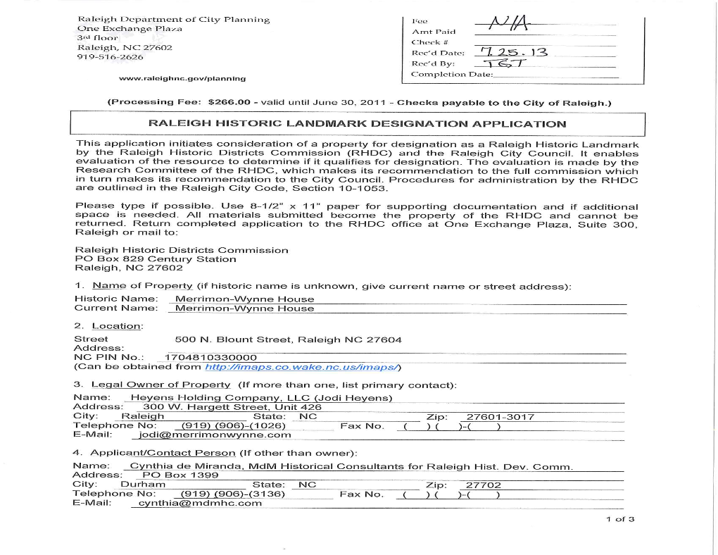 Merrimon-Wynne House Landmark Application-Report-Draft Ord