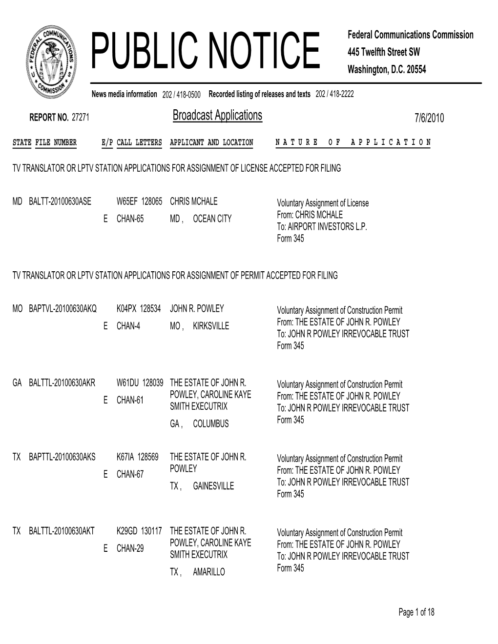 Broadcast Applications 7/6/2010