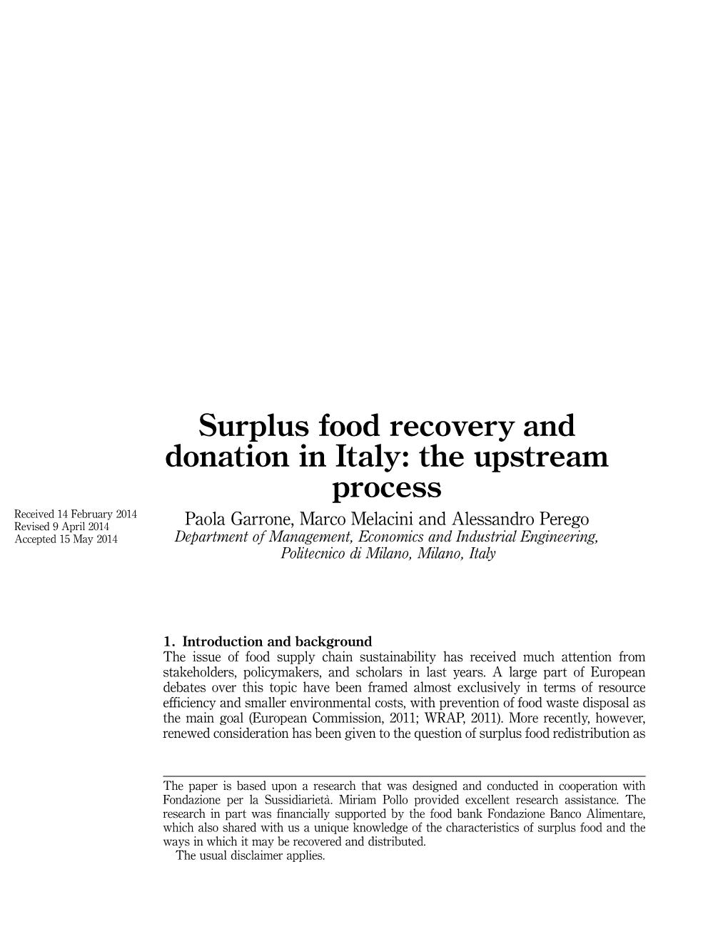 Surplus Food Recovery and Donation in Italy