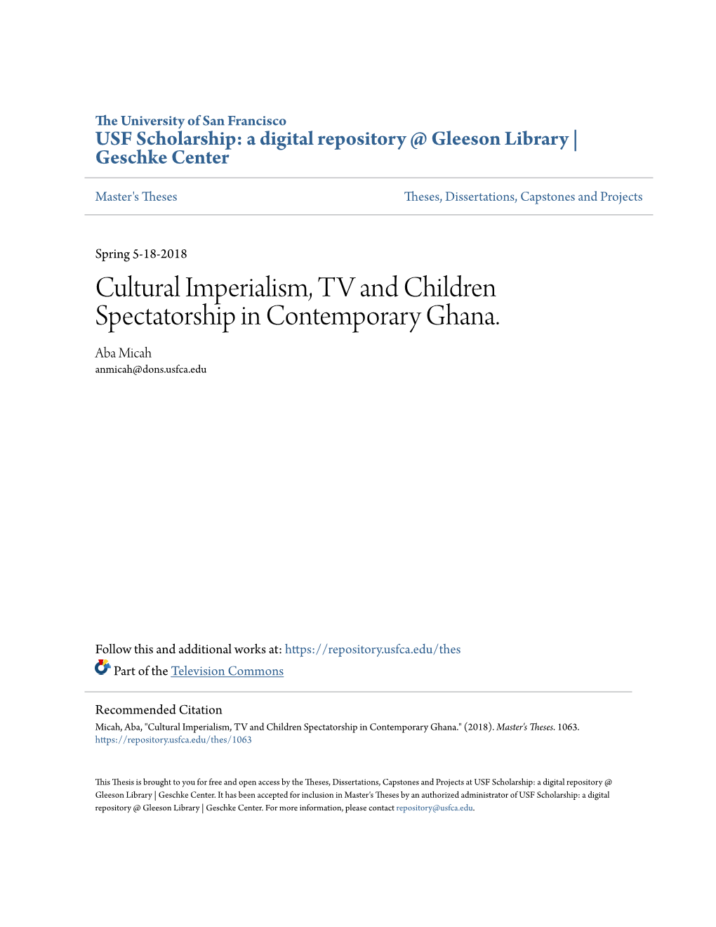 Cultural Imperialism, TV and Children Spectatorship in Contemporary Ghana