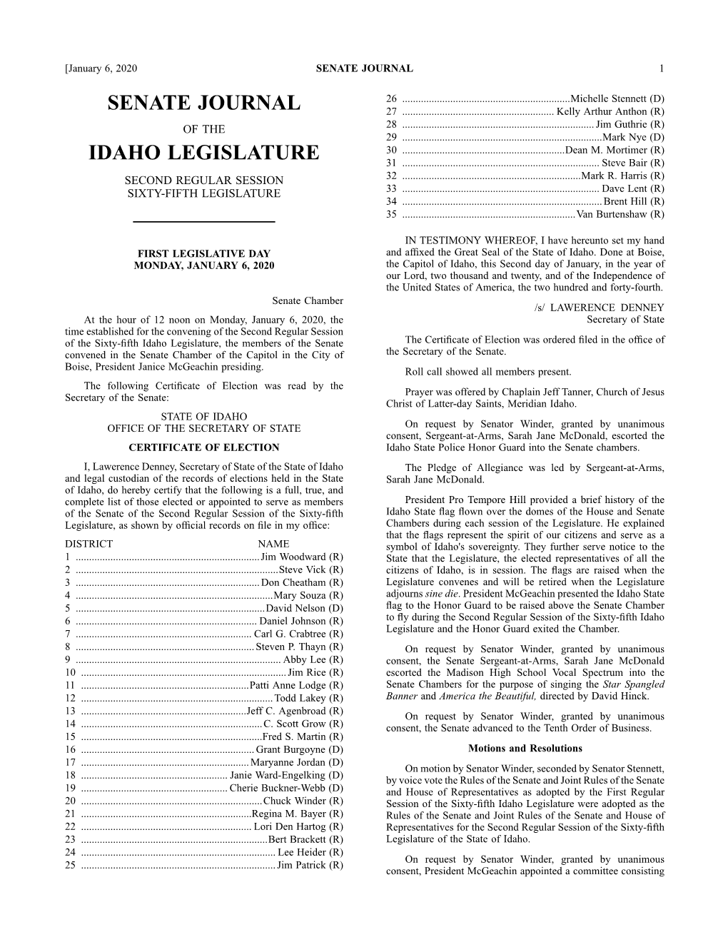 Senate Journal Idaho Legislature