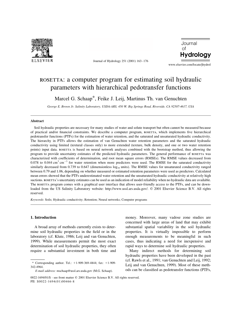 Rosetta: a Computer Program for Estimating Soil Hydraulic Parameters with Hierarchical Pedotransfer Functions