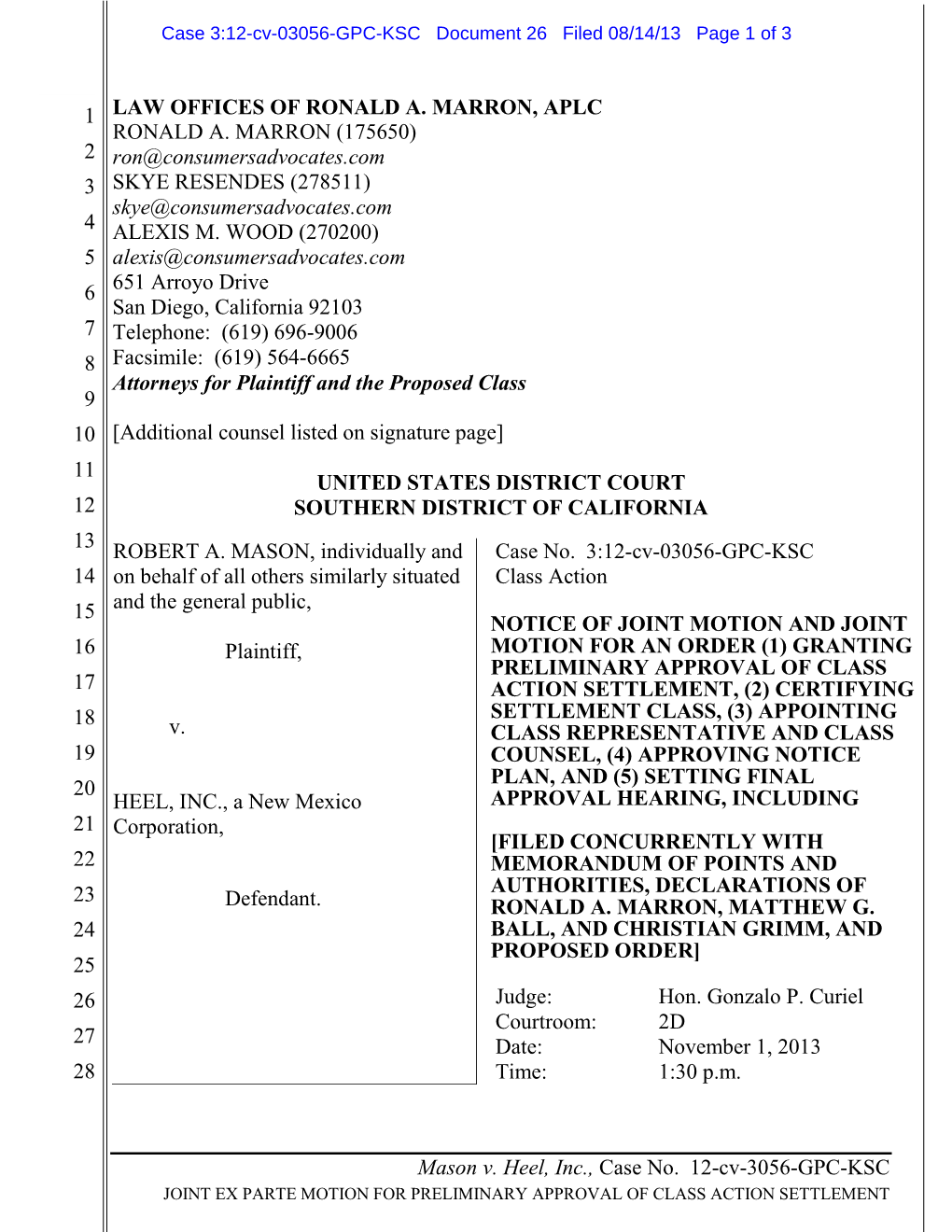 Mason V. Heel, Inc., Case No. 12-Cv-3056-GPC-KSC 1 2 3 4 5 6 7