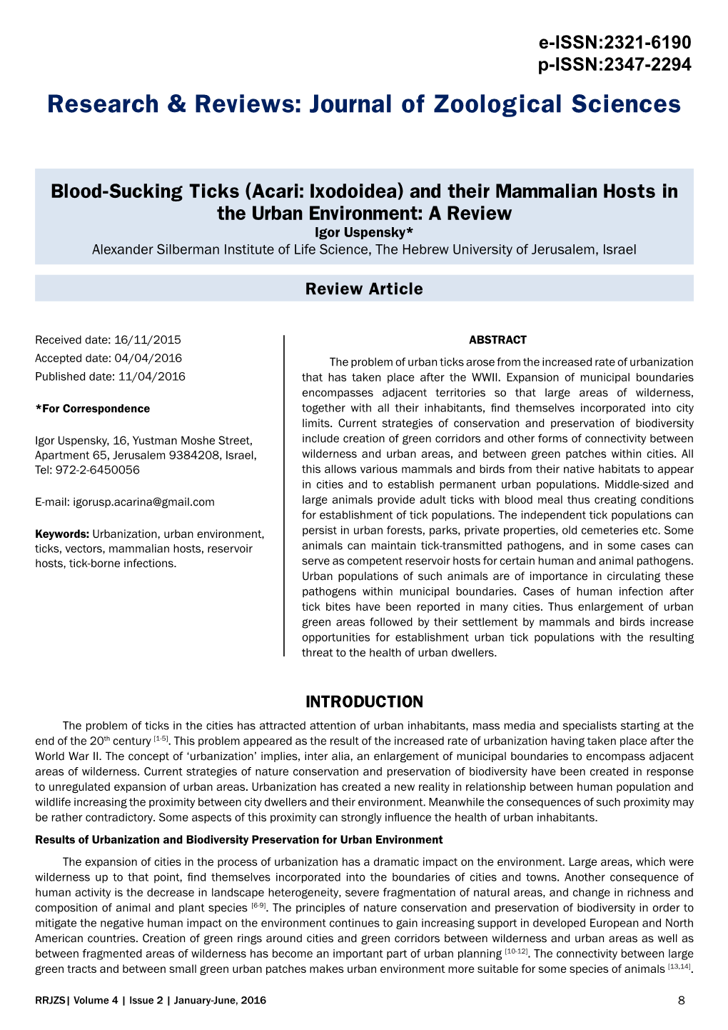 Blood-Sucking Ticks (Acari: Ixodoidea) and Their Mammalian Hosts in the Urban Environment: a Review