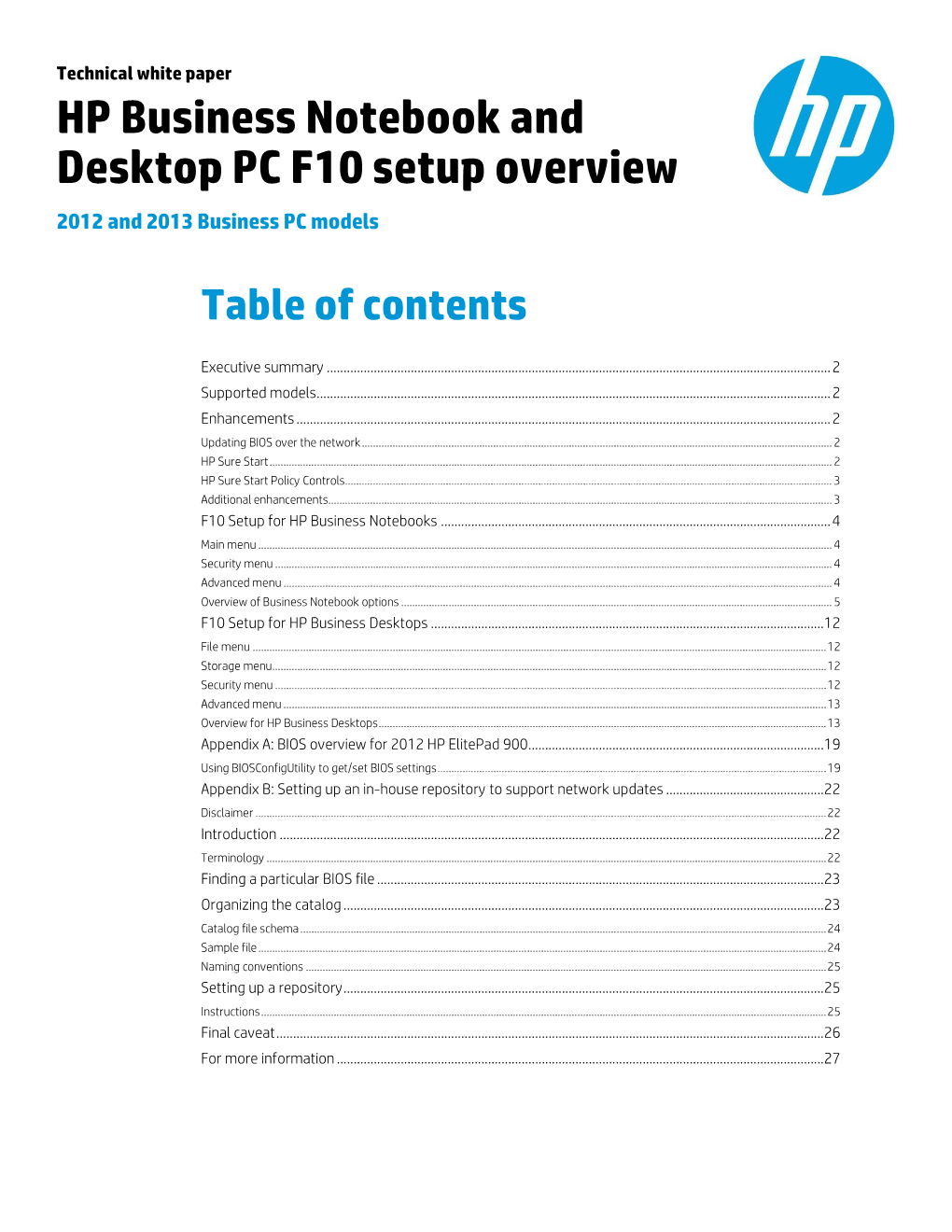 HP Business Notebook and Desktop PC F10 Setup Overview 2012 and 2013 Business PC Models