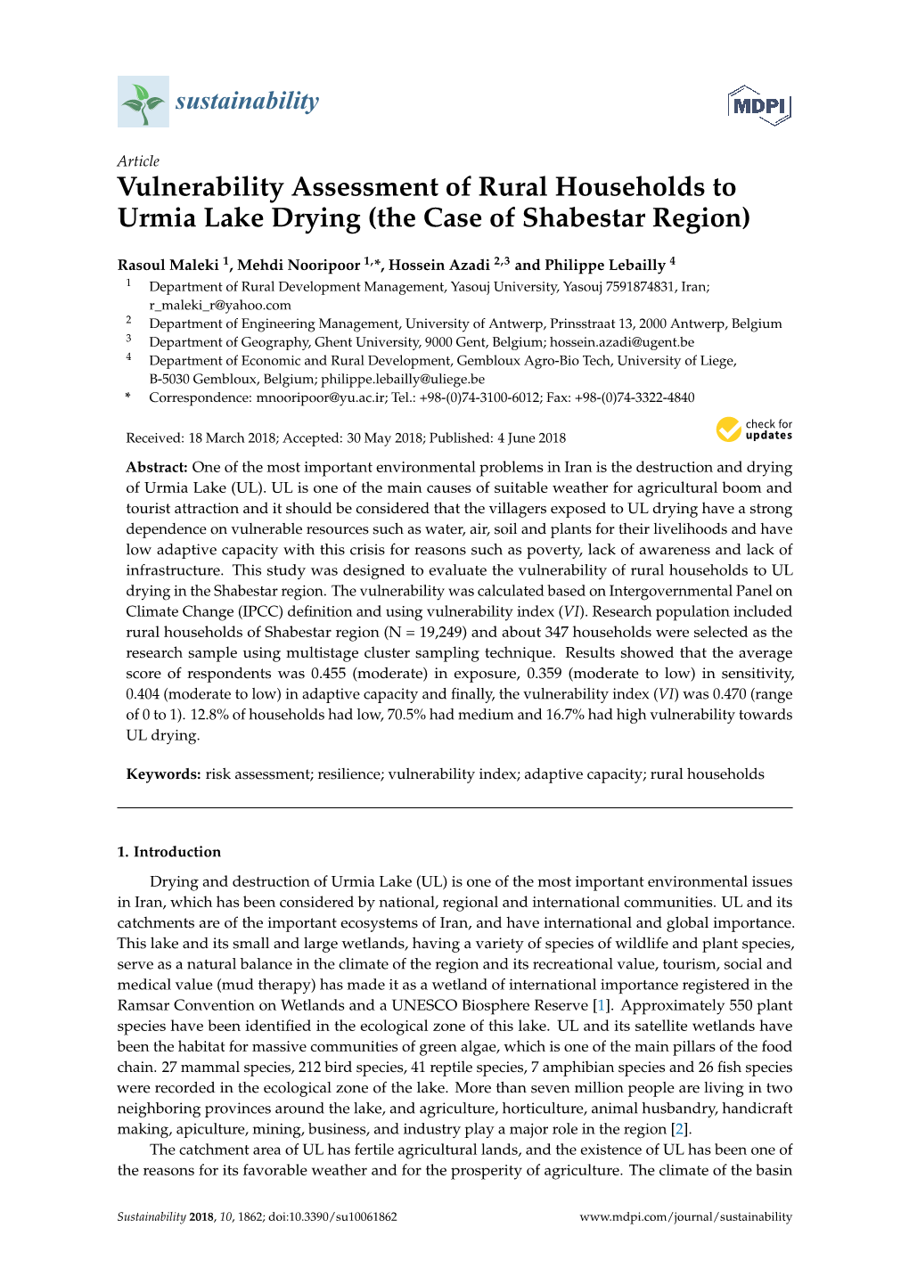 Vulnerability Assessment of Rural Households to Urmia Lake Drying (The Case of Shabestar Region)