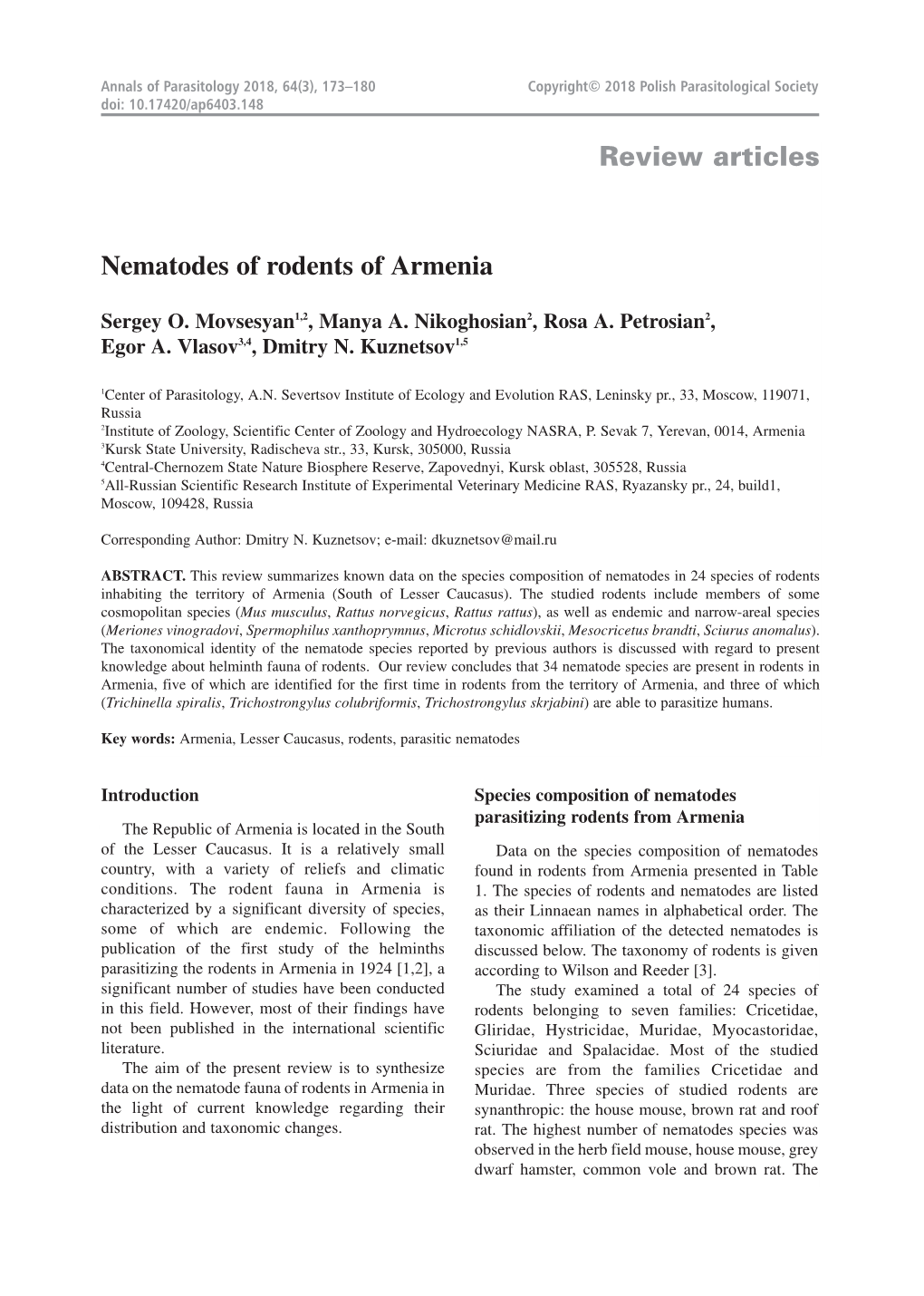 Review Articles Nematodes of Rodents of Armenia