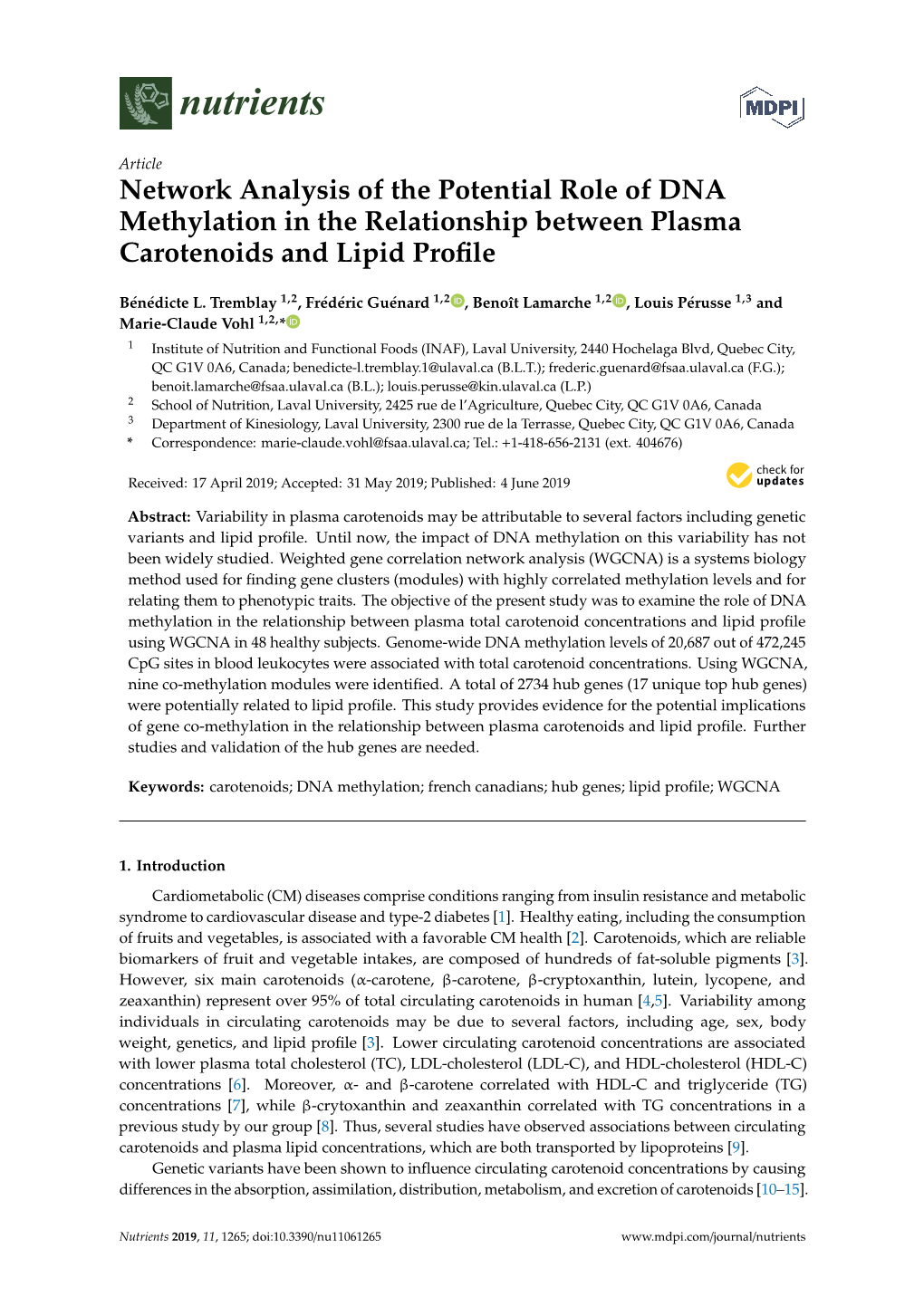 Network Analysis of the Potential Role of DNA Methylation in the Relationship Between Plasma Carotenoids and Lipid Proﬁle