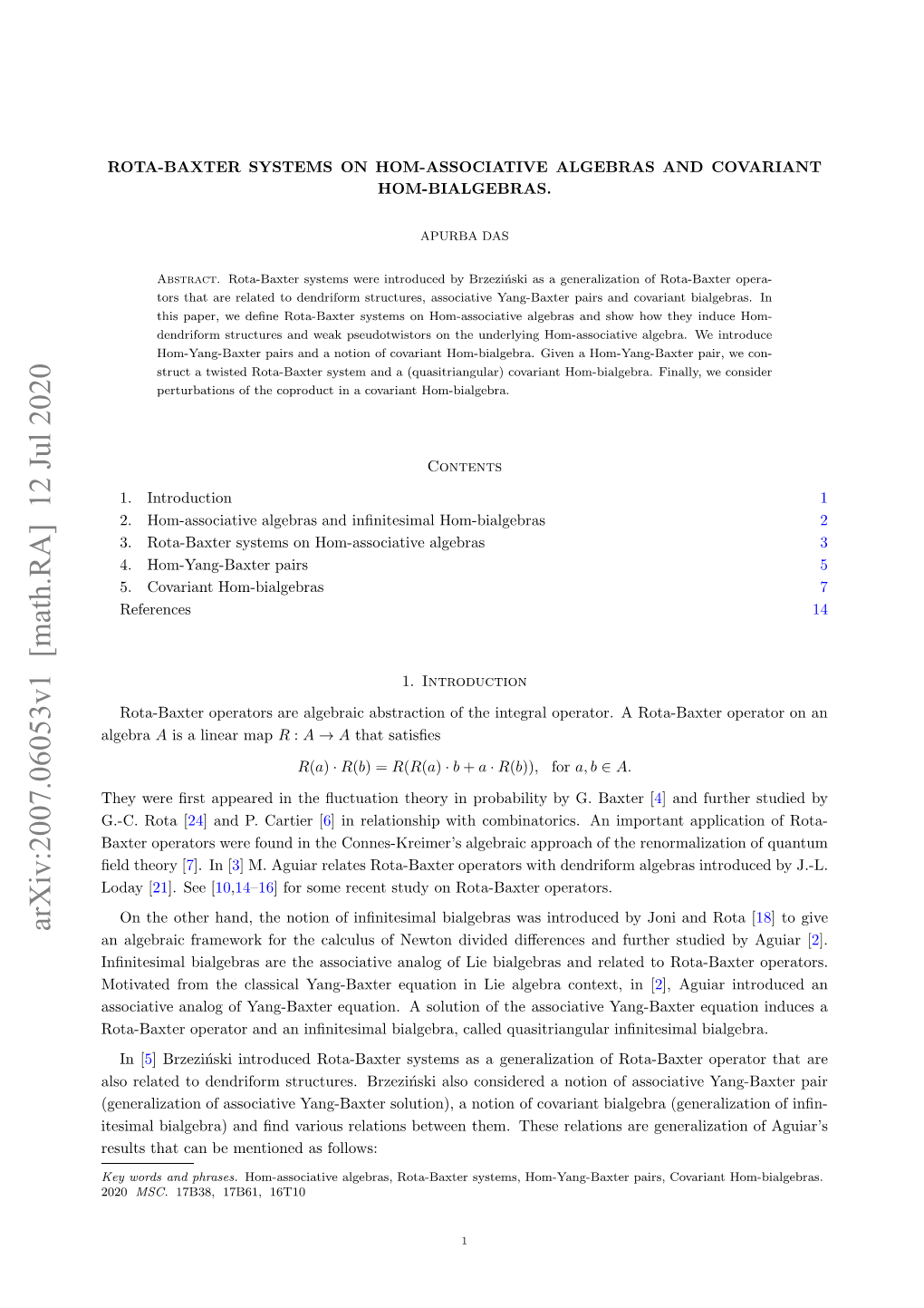 Arxiv:2007.06053V1 [Math.RA] 12 Jul 2020 2020 Algebra E Od N Phrases