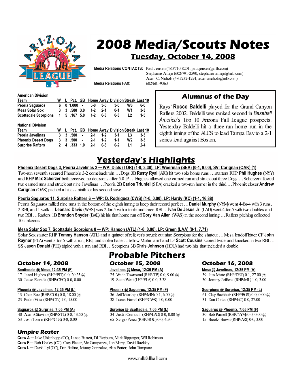 2008 Media/Scouts Notes Tuesday, October 14, 2008