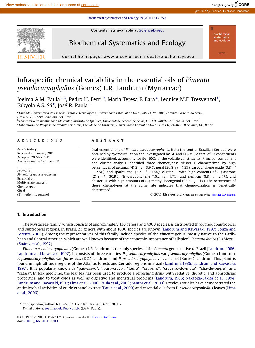 Infraspecific Chemical Variability in the Essential Oils of Pimenta