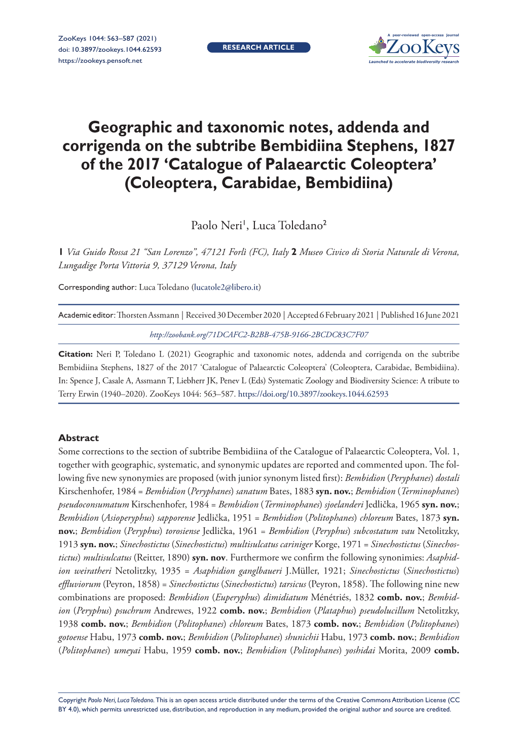 Geographic and Taxonomic Notes, Addenda and Corrigenda on the Subtribe Bembidiina Stephens, 1827 of the 2017