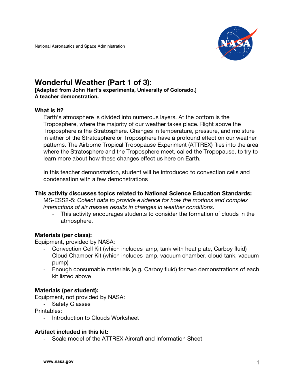 Wonderful Weather (Part 1 of 3): [Adapted from John Hart’S Experiments, University of Colorado.] a Teacher Demonstration