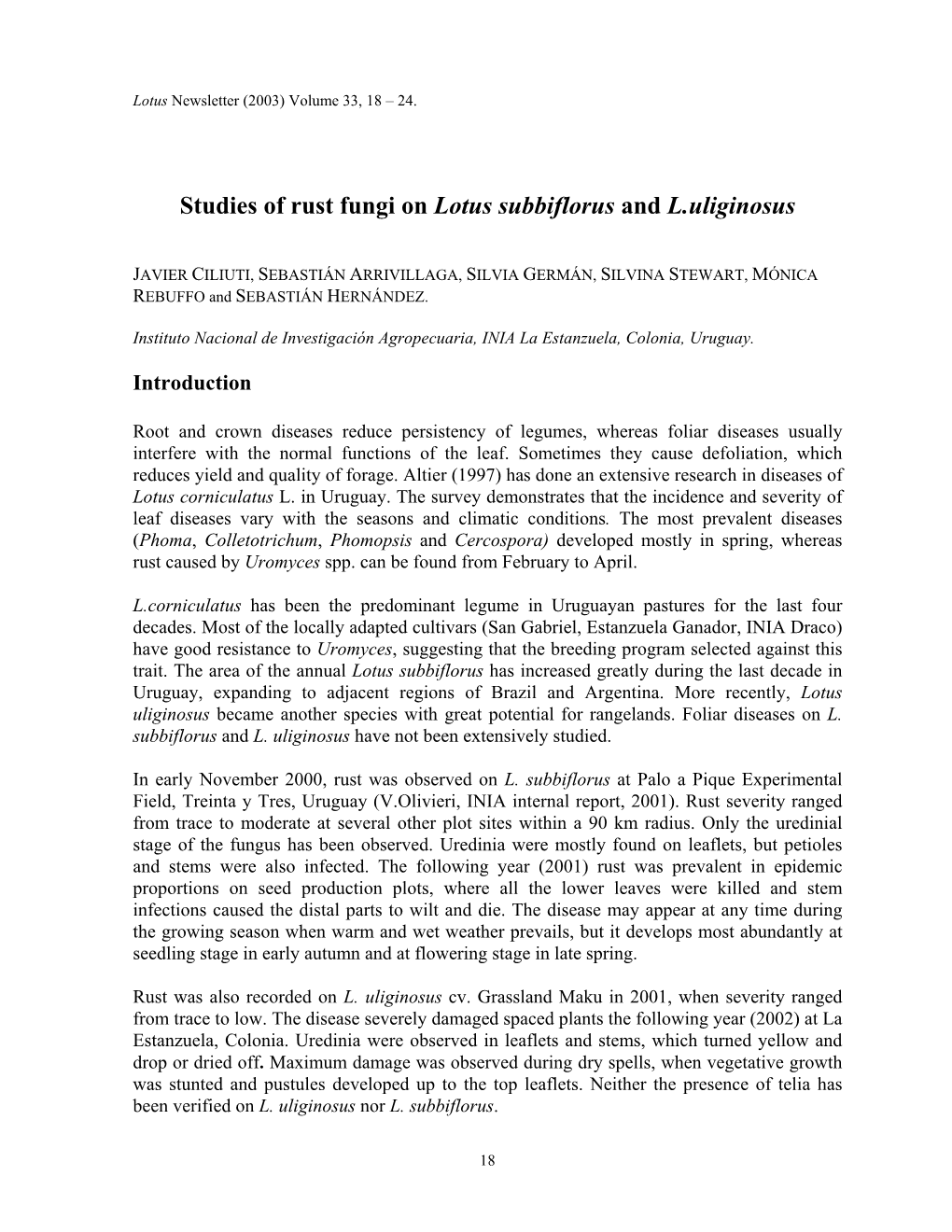 Studies of Rust Fungi on Lotus Subbiflorus and L.Uliginosus