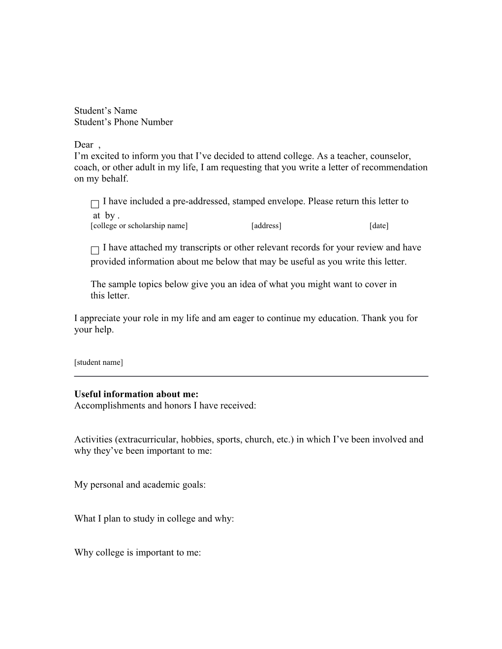 Letter of Recommendation Information Sheet: for Students