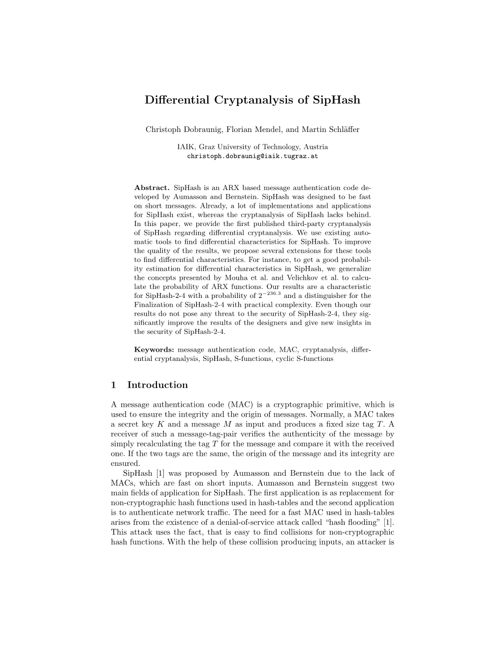 Differential Cryptanalysis of Siphash
