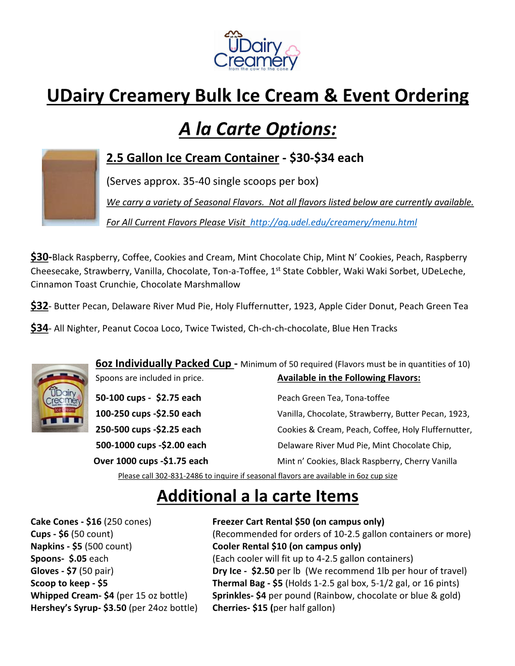 Udairy Creamery Bulk Ice Cream & Event Ordering a La Carte Options