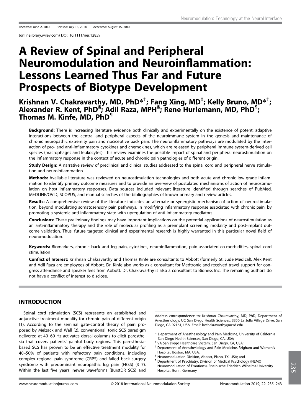 A Review of Spinal and Peripheral Neuromodulation and Neuroinﬂammation: Lessons Learned Thus Far and Future Prospects of Biotype Development Krishnan V