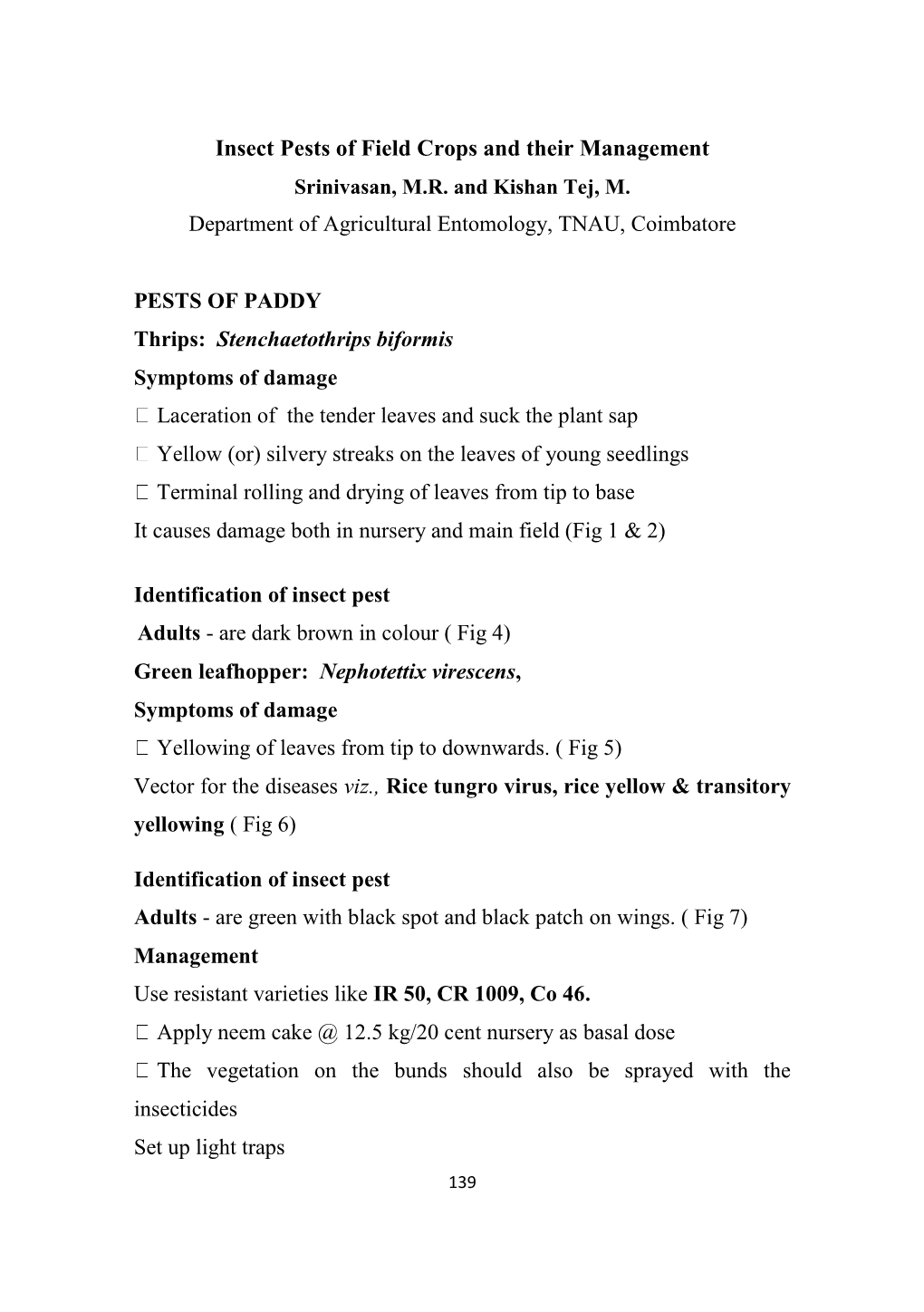 Insect Pests of Field Crops and Their Management Srinivasan, M.R