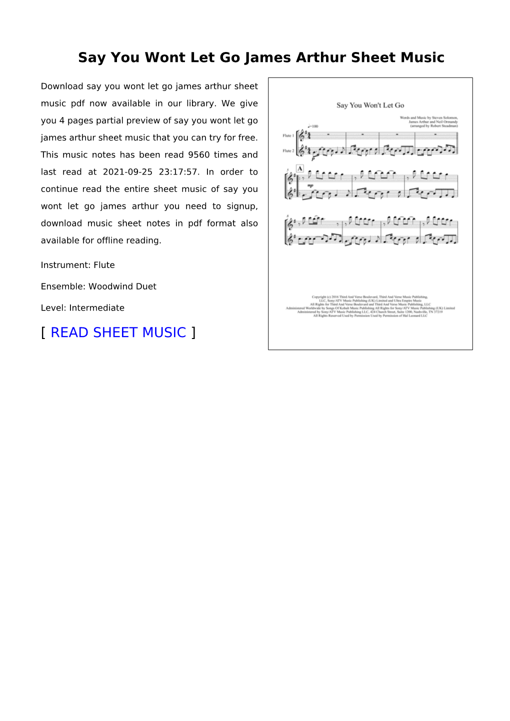 Say You Wont Let Go James Arthur Sheet Music