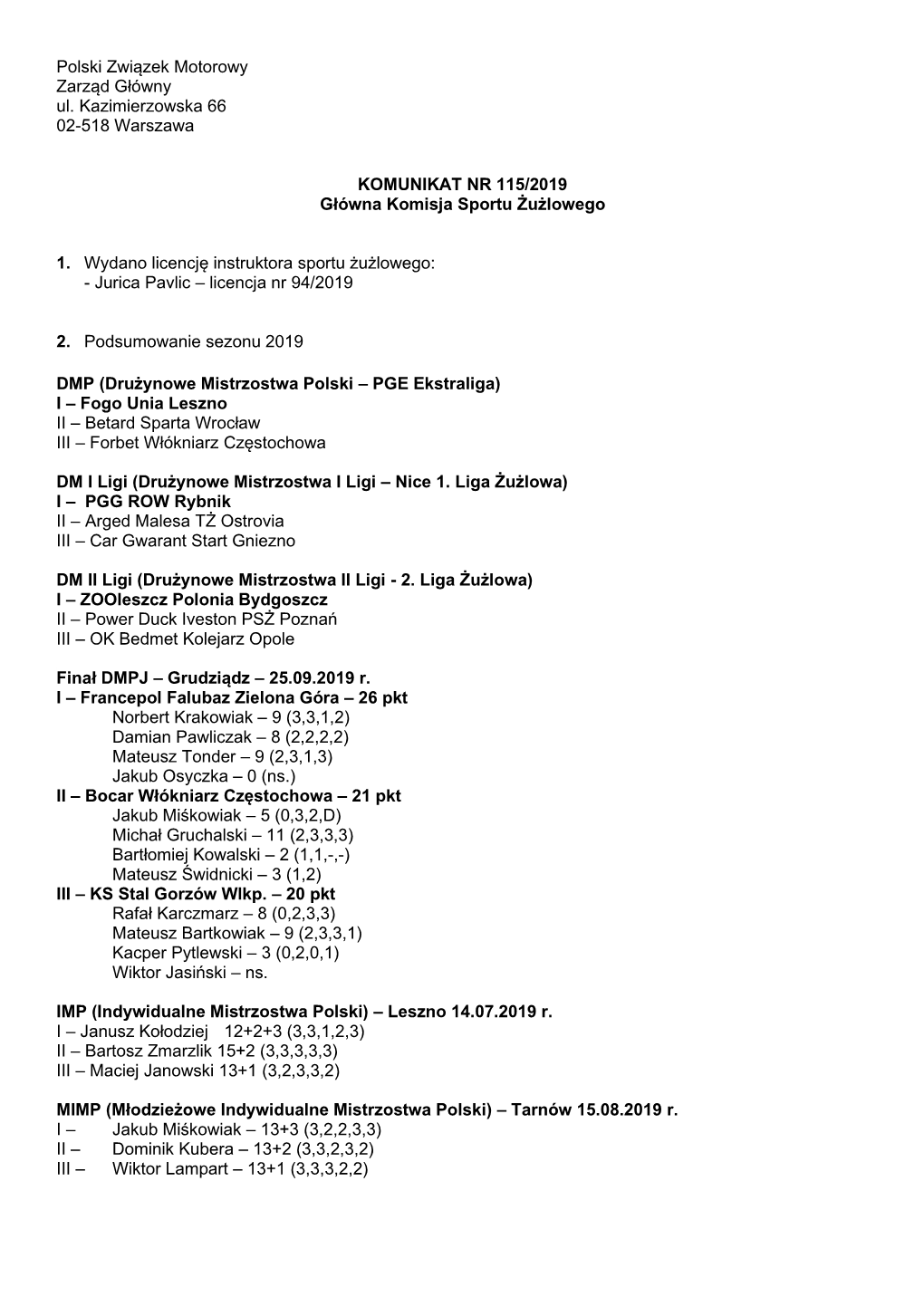 Polski Związek Motorowy Zarząd Główny Ul. Kazimierzowska 66 02-518 Warszawa KOMUNIKAT NR 115/2019 Główna Komisja Sportu Ż