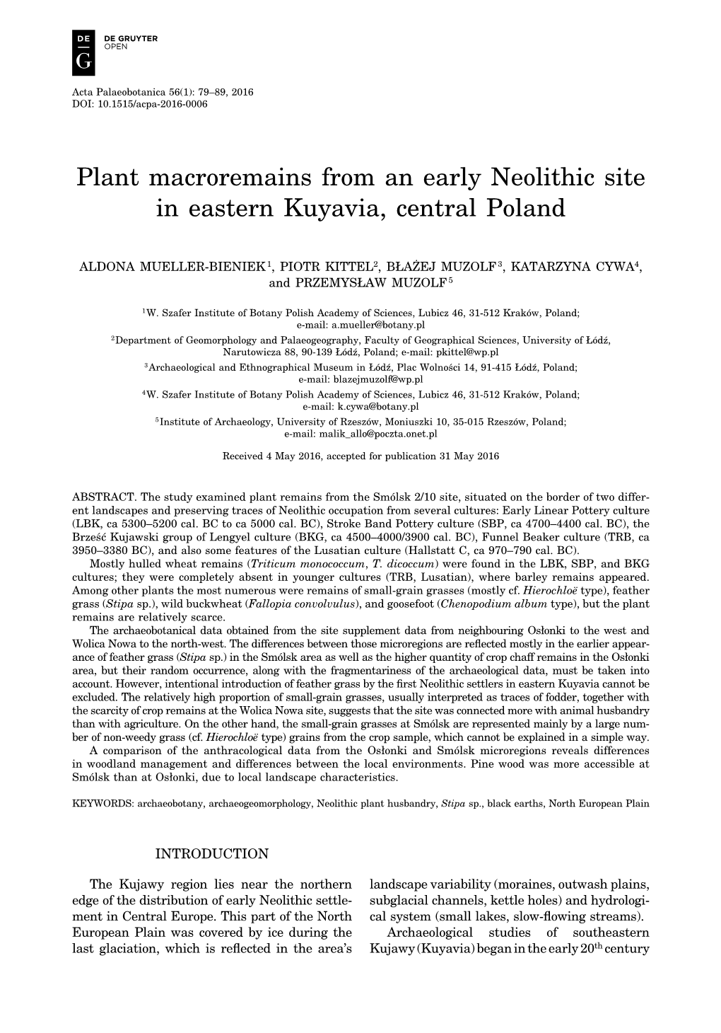 Plant Macroremains from an Early Neolithic Site in Eastern Kuyavia, Central Poland